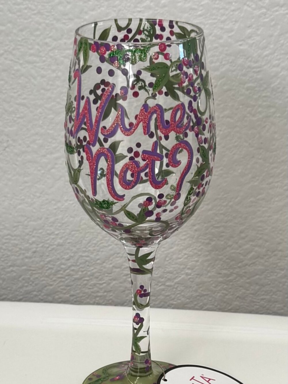 Lolita Love My Wine "WINE NOT?" Hand Painted Wine Glass 15 oz. Green Purple NIB
